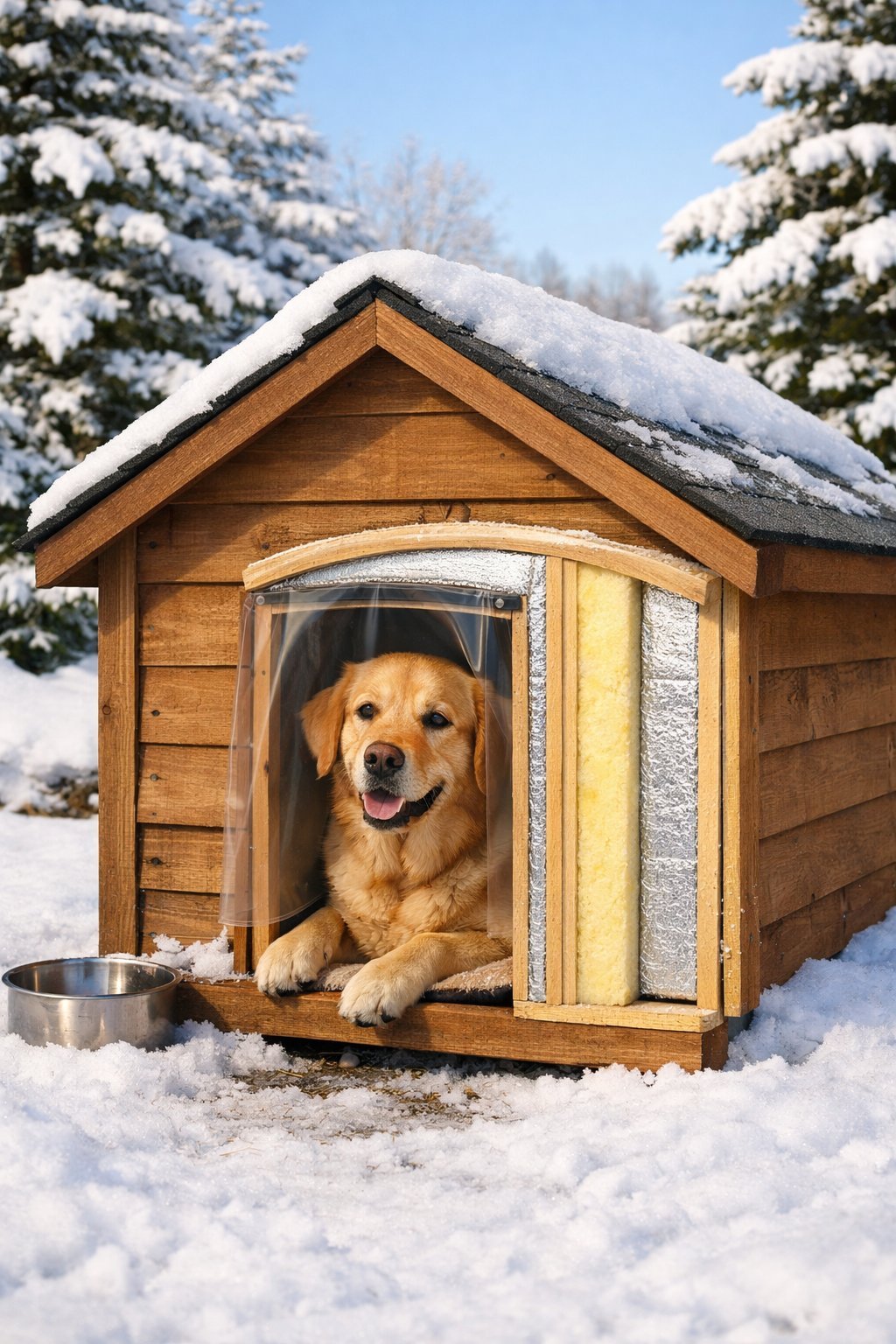 A dog resting comfortably inside an insulated dog house outdoors in a snowy winter landscape.