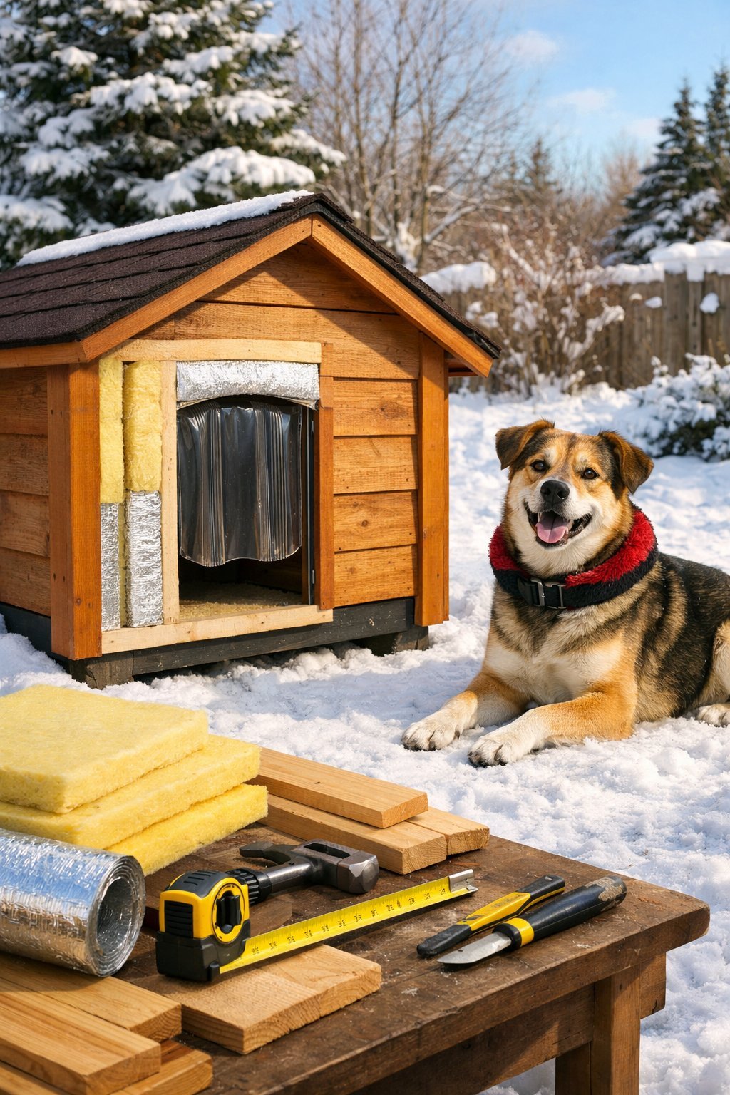A cozy insulated dog house in a snowy backyard with a dog sitting nearby and DIY tools arranged on a workbench.