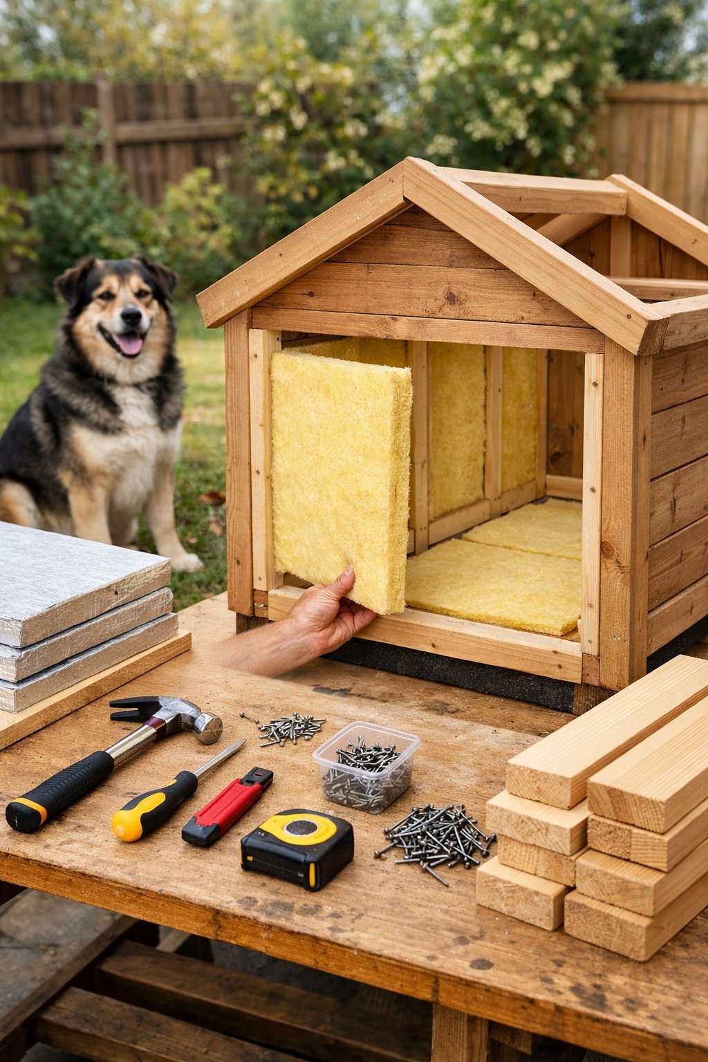 A partially built wooden dog house with insulation being installed, tools on a workbench, and a dog sitting nearby outdoors.