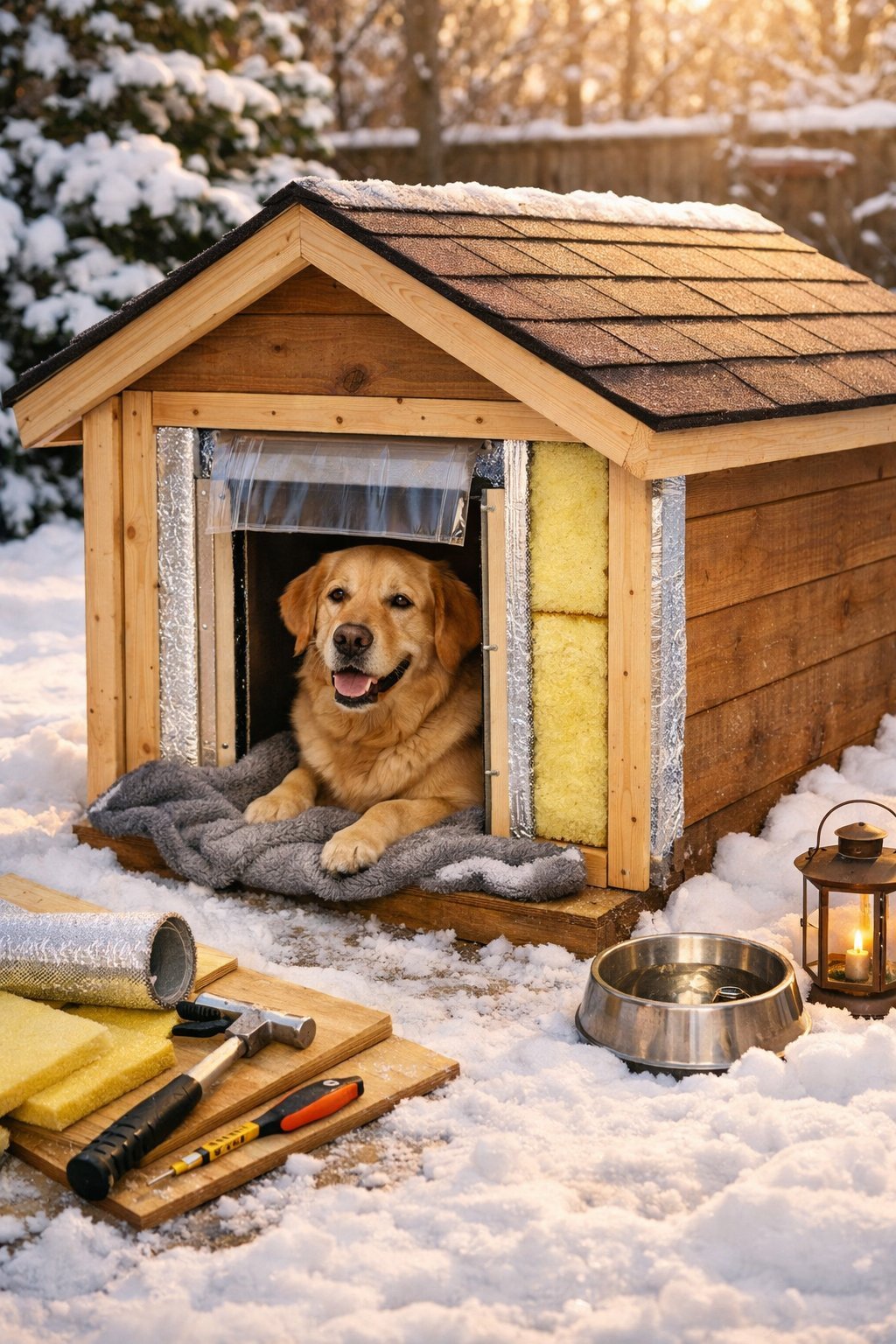 A dog resting comfortably inside a wooden insulated dog house in a snowy backyard.