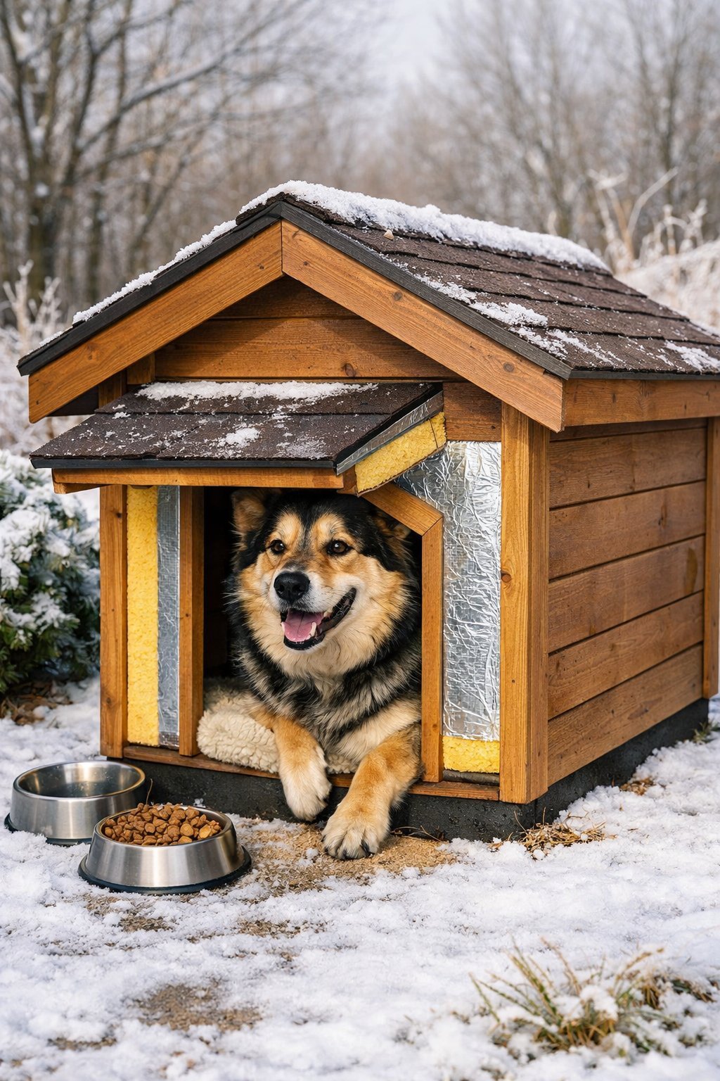 A dog resting inside a cozy insulated dog house outdoors in a snowy winter setting.