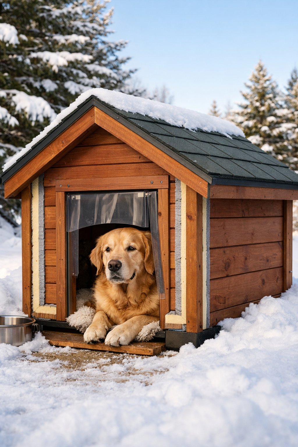A dog resting inside a wooden insulated dog house outdoors in a snowy winter setting.