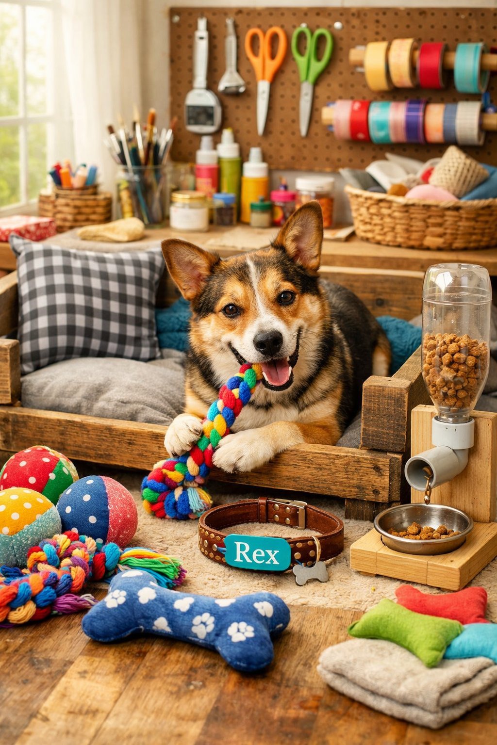 A happy dog surrounded by various handmade dog toys, a cozy bed, and craft supplies in a well-lit room.