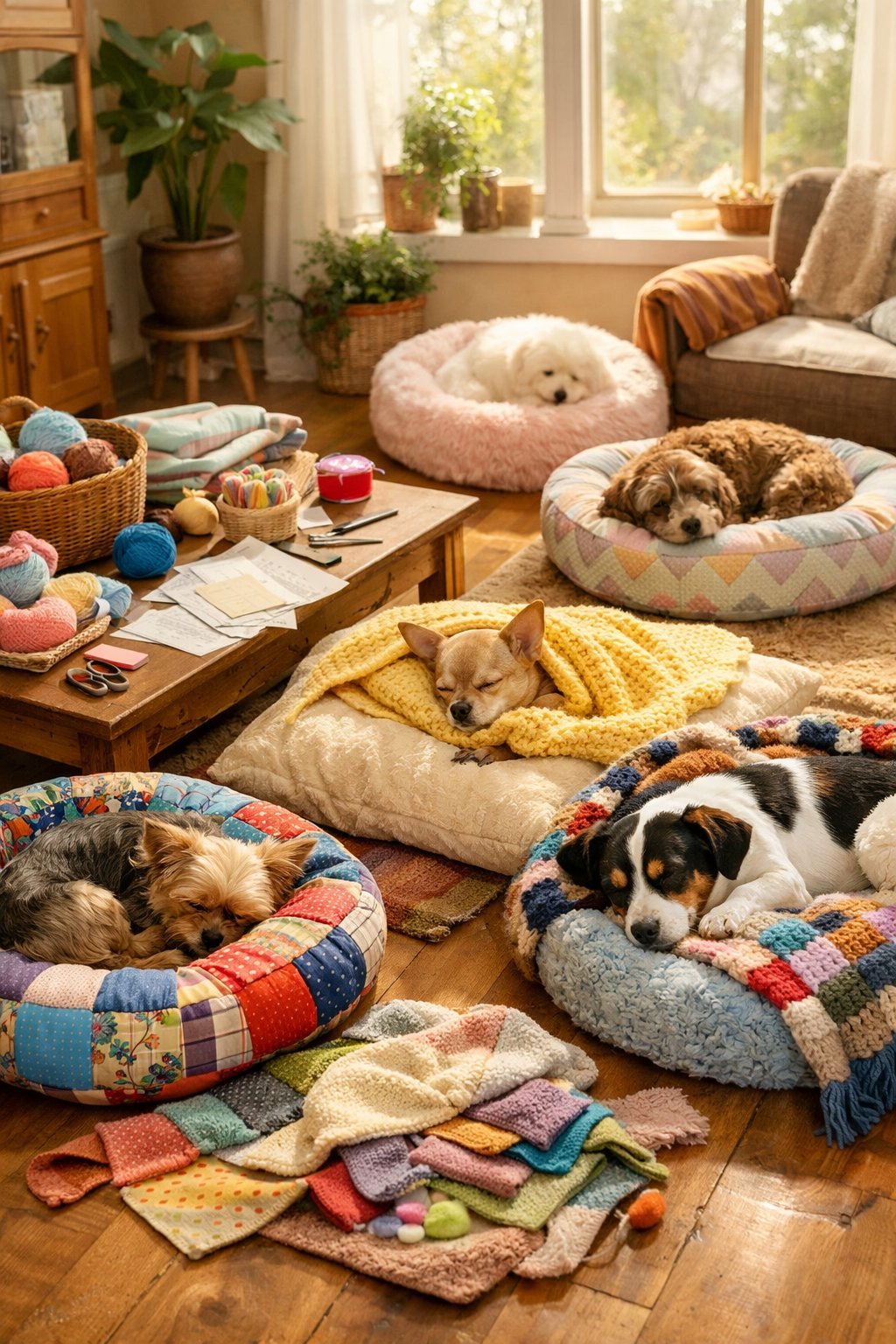 Several dogs resting comfortably on handmade dog beds and blankets in a cozy, sunlit living room with crafting materials nearby.