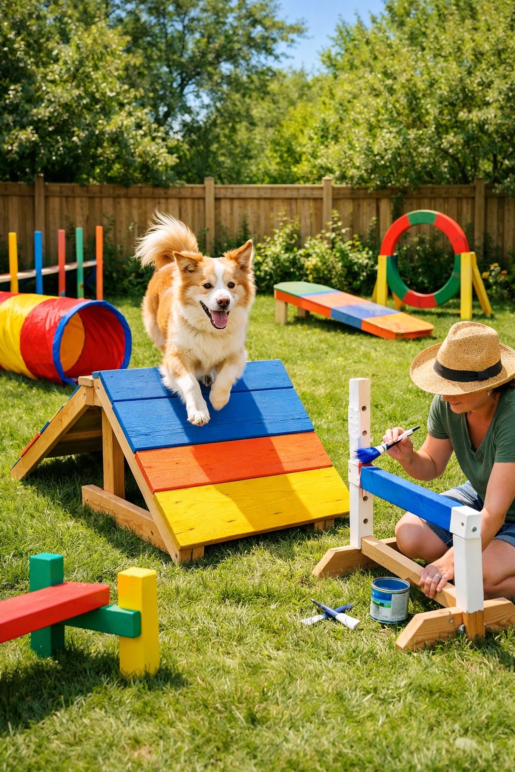 A dog playing with homemade outdoor toys on a grassy lawn while a person assembles another toy nearby in a backyard.
