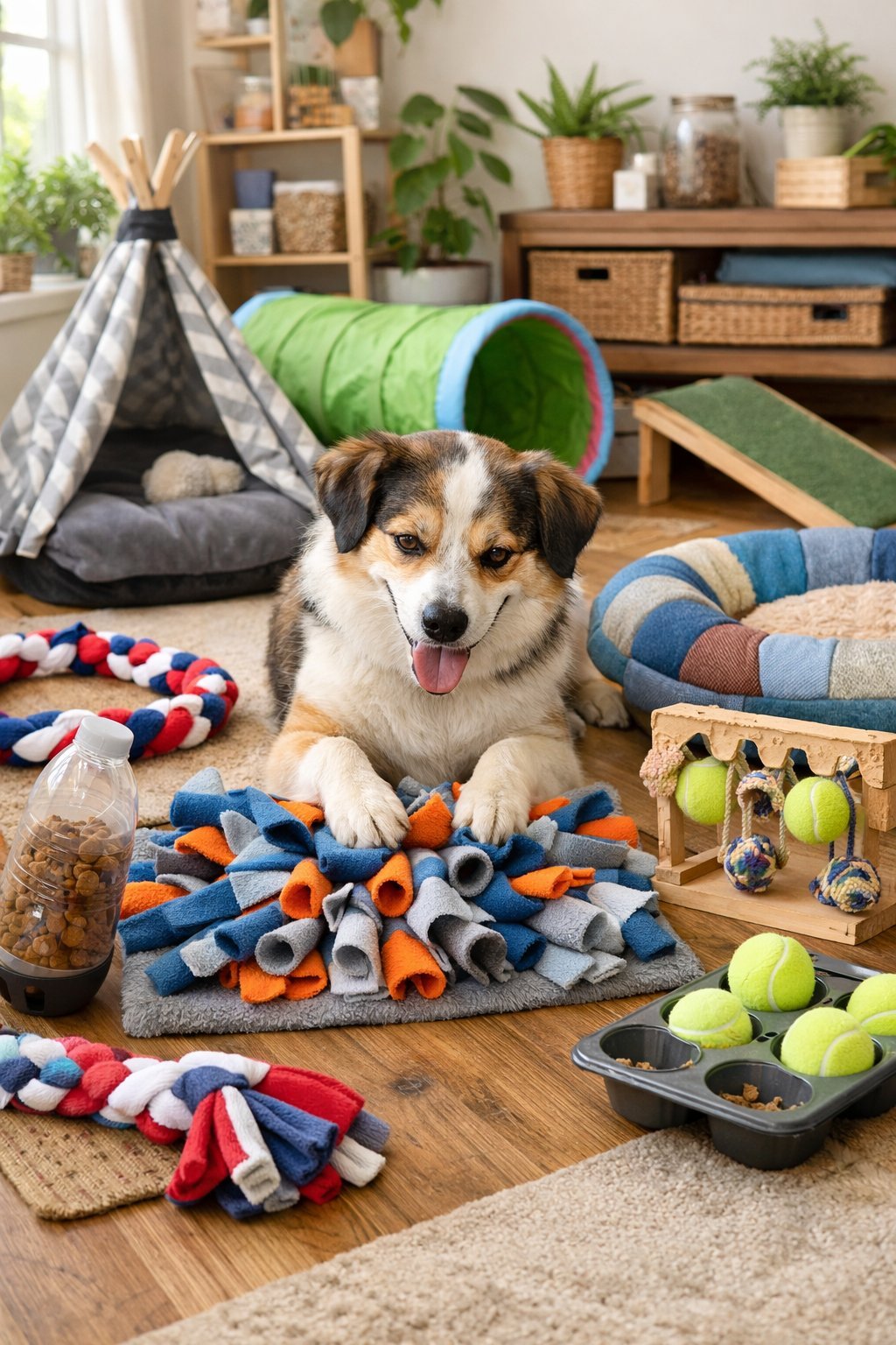 A happy dog playing with homemade toys and lying near cozy DIY dog beds in a bright, pet-friendly room.
