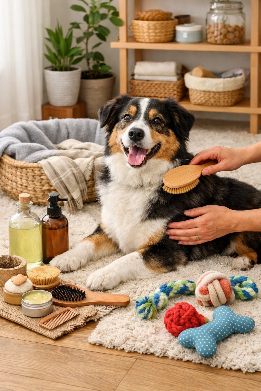 A happy dog being gently brushed indoors surrounded by homemade dog grooming tools, toys, and a cozy dog bed.