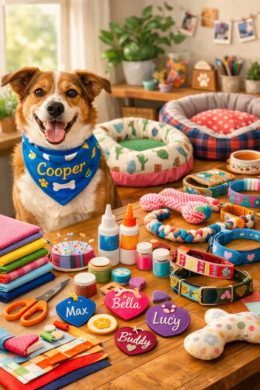 A happy dog wearing a colorful bandana sits next to handmade dog accessories and craft supplies on a wooden table indoors.