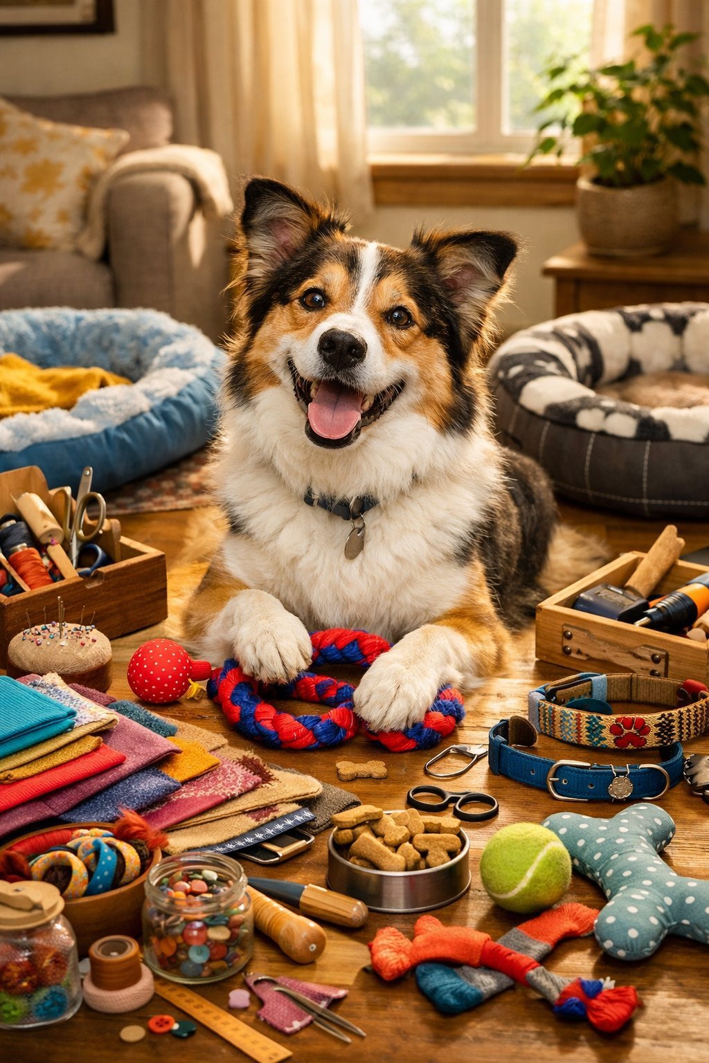 A happy dog playing in a bright room surrounded by handmade dog toys and craft materials.