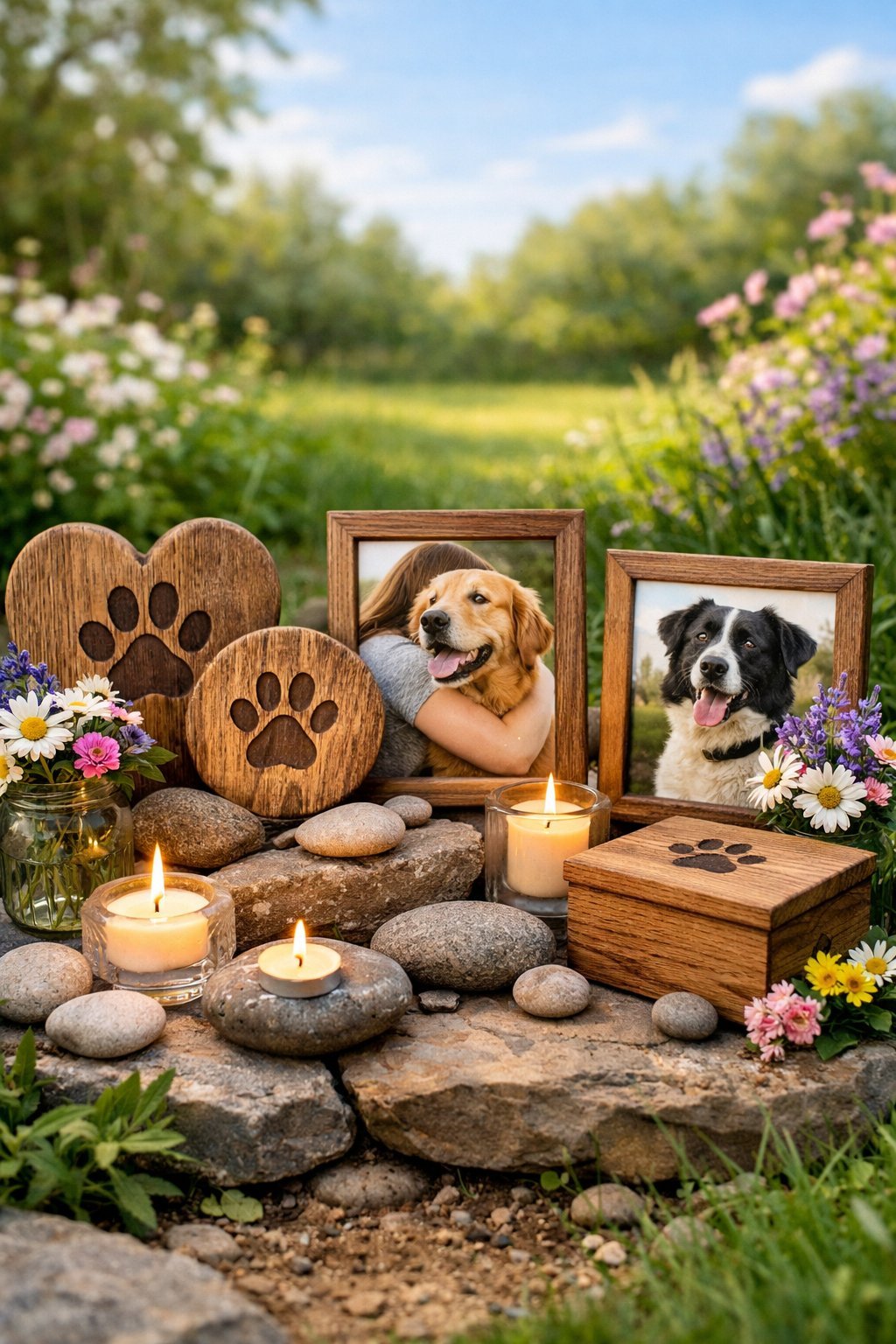 A peaceful garden scene with handcrafted dog memorial items including wooden plaques, flowers, photo frames, candles, and stones arranged together.