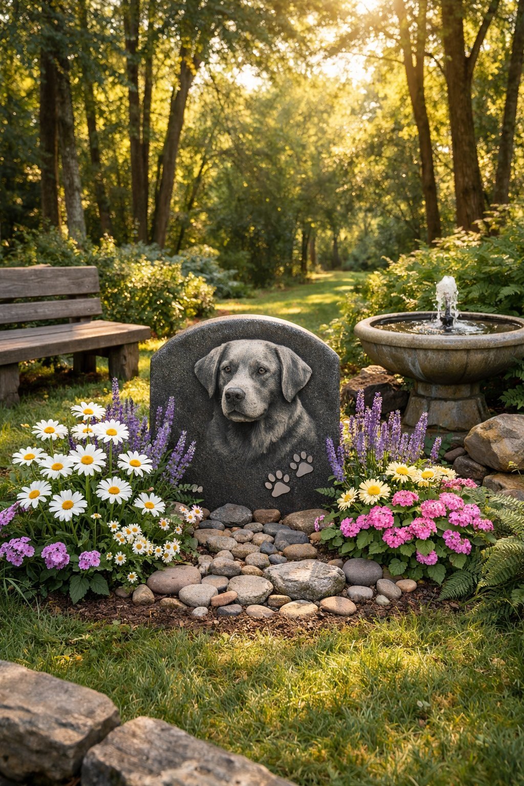 A peaceful outdoor garden with a dog memorial stone surrounded by flowers, a wooden bench, and trees in soft sunlight.