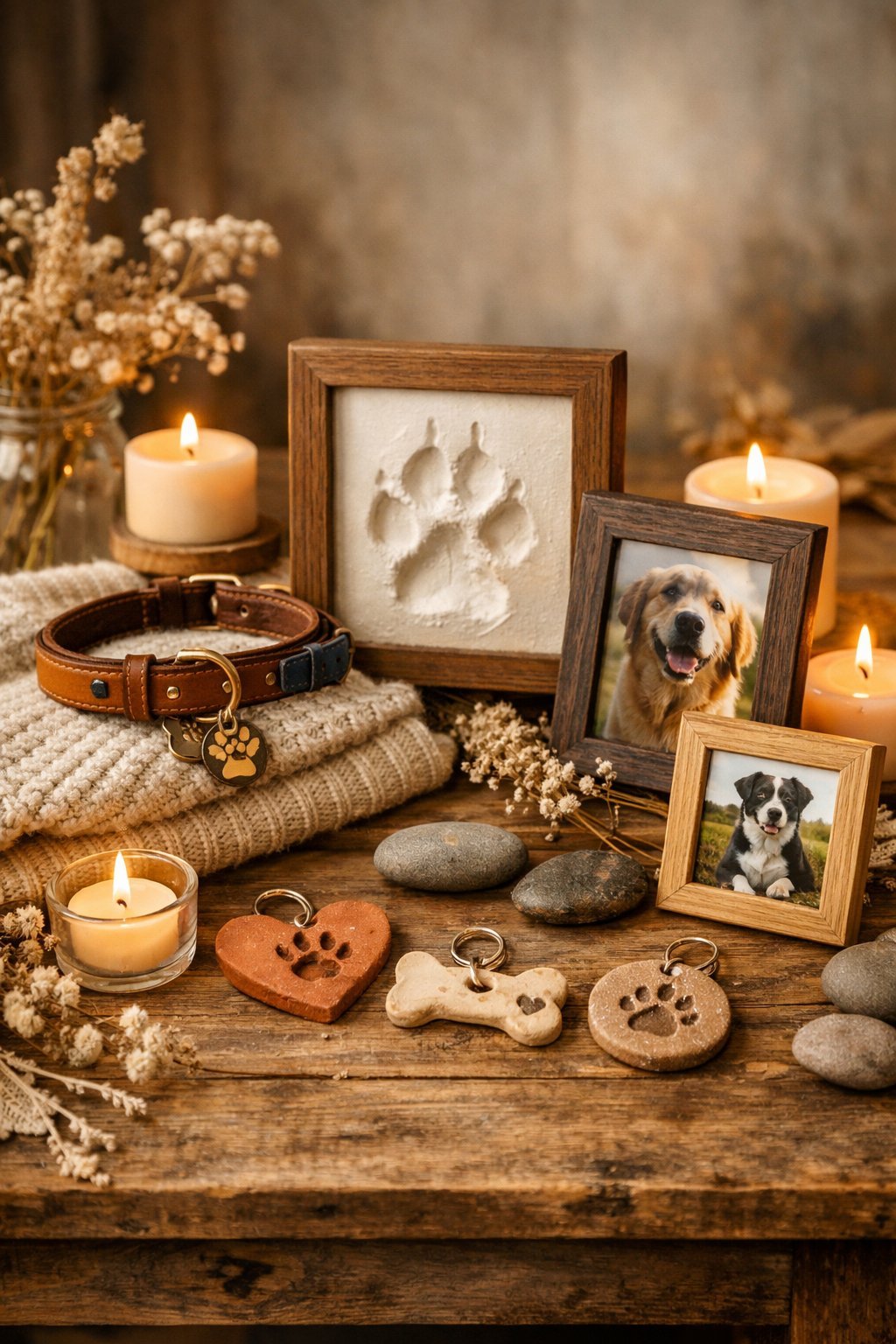 A collection of handmade dog memorial items including framed paw prints, photos, candles, and keepsakes arranged on a wooden table.