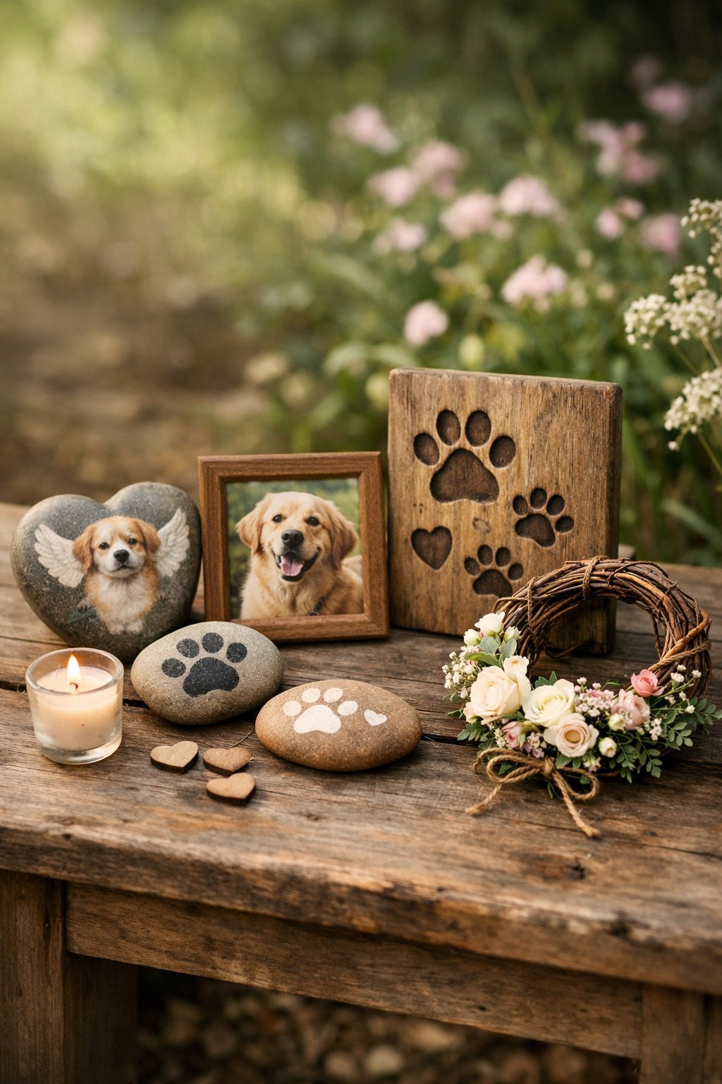 A peaceful outdoor table displaying handmade dog memorial items including painted stones, a framed dog photo, a floral wreath, and a wooden plaque surrounded by flowers.