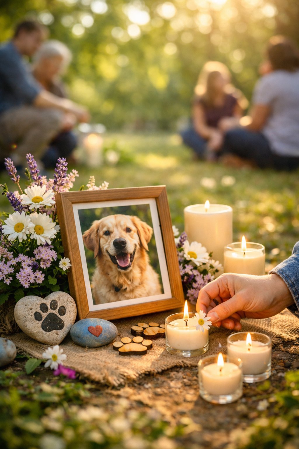A peaceful outdoor dog memorial with a framed photo, flowers, candles, and a person placing a flower, surrounded by a quiet gathering in a sunlit garden.