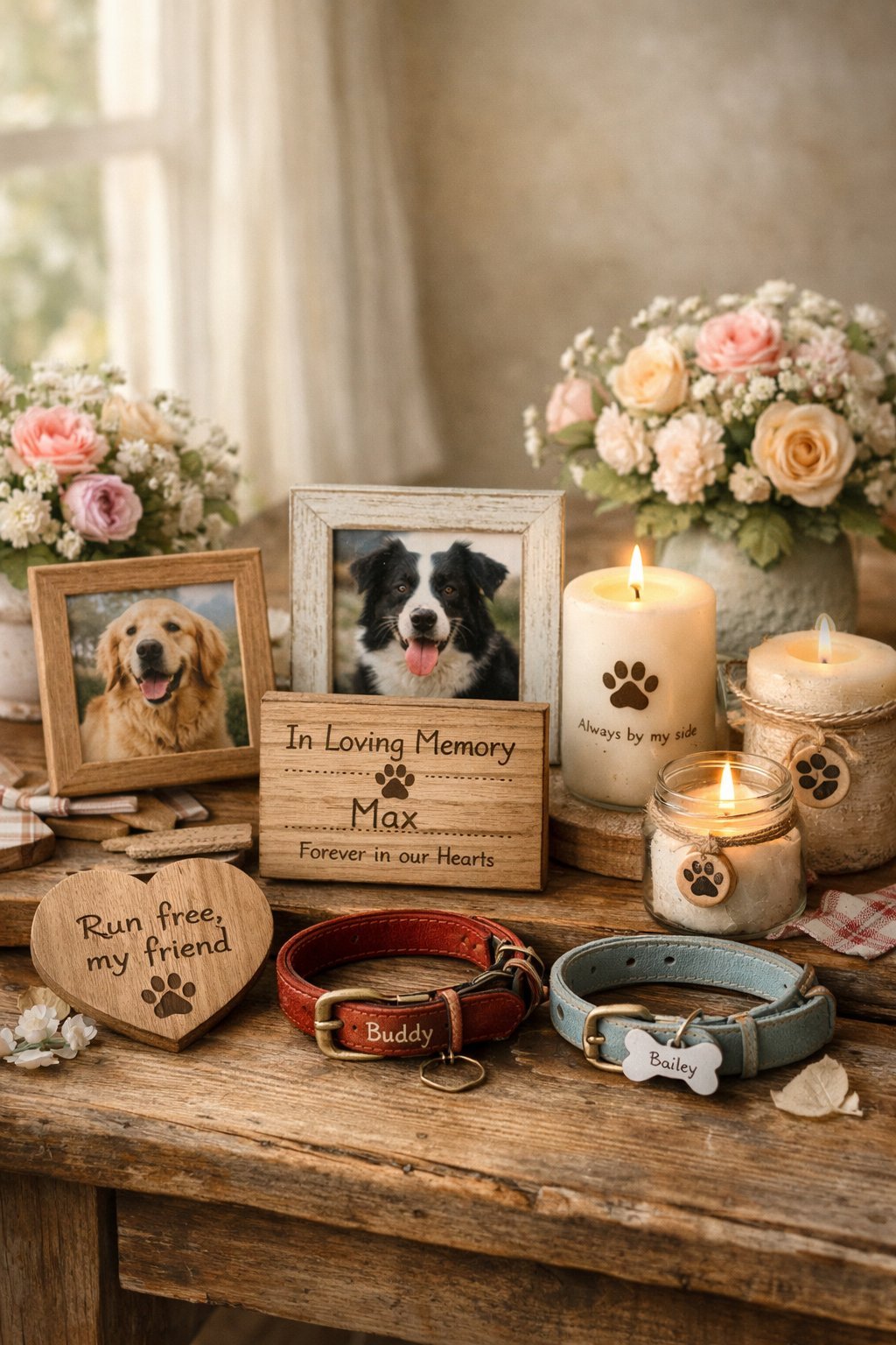 A peaceful memorial display featuring handmade dog remembrance items on a wooden table with soft natural light.