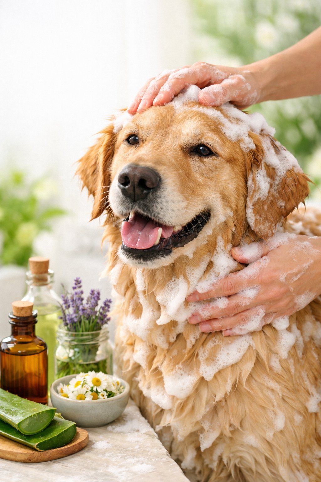 A dog with soft, clean fur being gently bathed with shampoo by a person in a bright, natural setting.DIY Dog Shampoo.