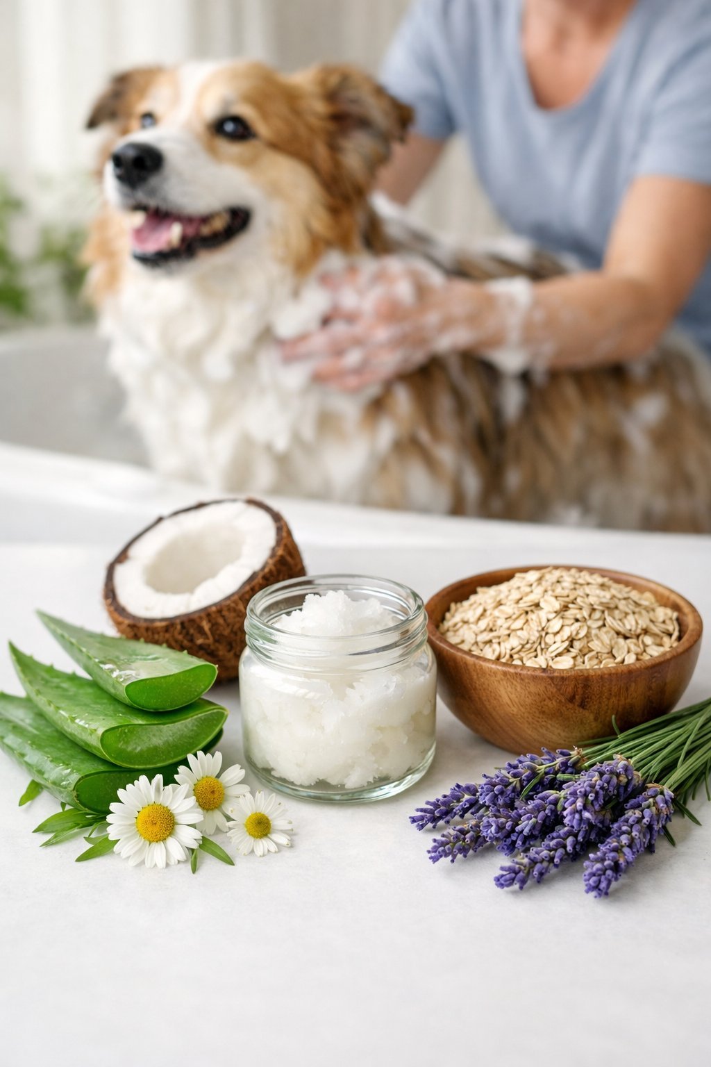 Fresh natural ingredients like aloe vera, chamomile, coconut oil, oatmeal, and lavender arranged on a white surface with a fluffy dog being gently bathed in the background.