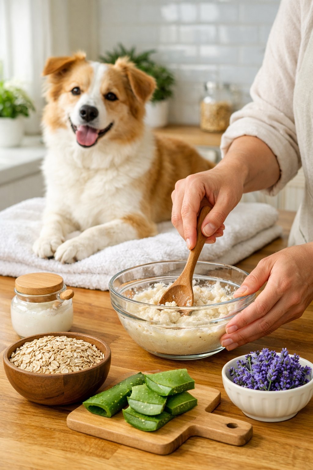 A person mixing natural ingredients for homemade dog shampoo in a kitchen while a happy dog with shiny fur sits nearby.