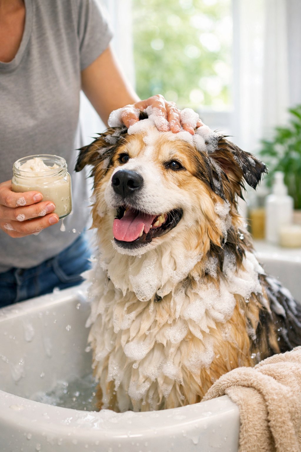 A person washing a medium-sized fluffy dog in a bright bathroom with natural light and plants nearby.