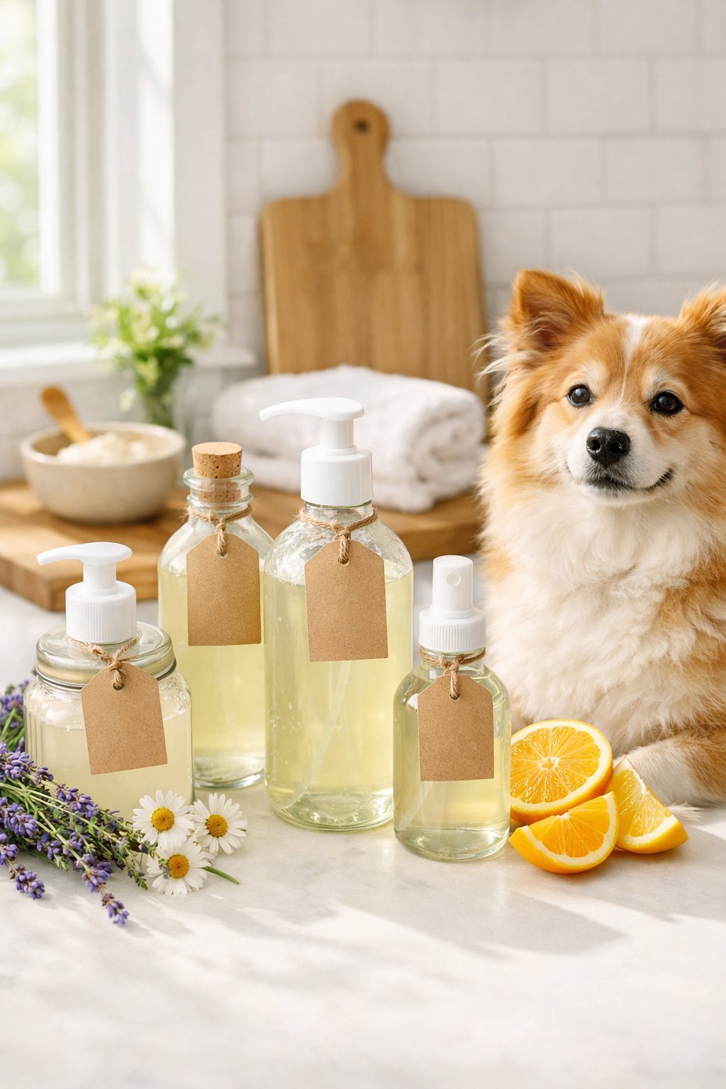 Clear glass bottles with homemade dog shampoo on a kitchen countertop next to fresh natural ingredients and a calm, fluffy dog.