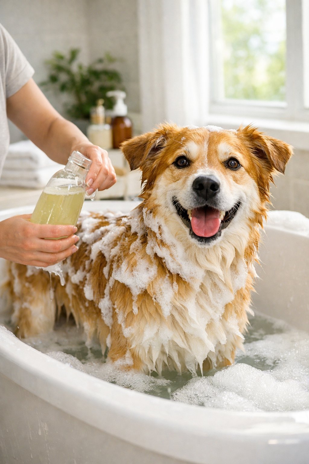 A person gently washing a medium-sized dog in a bathtub, with the dog