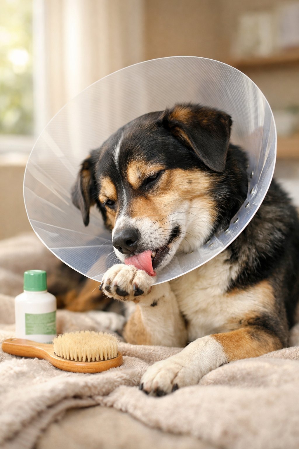 A calm dog wearing a transparent protective cone sitting on a blanket indoors with pet care items nearby.