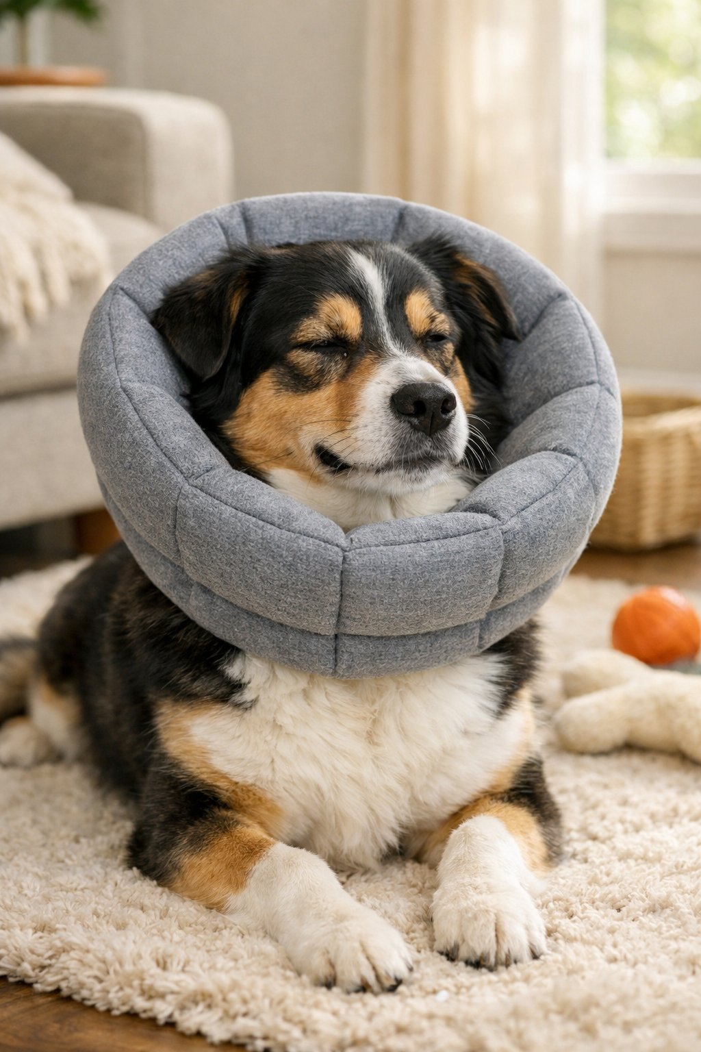 A calm dog wearing a soft homemade cone sitting peacefully in a cozy living room.