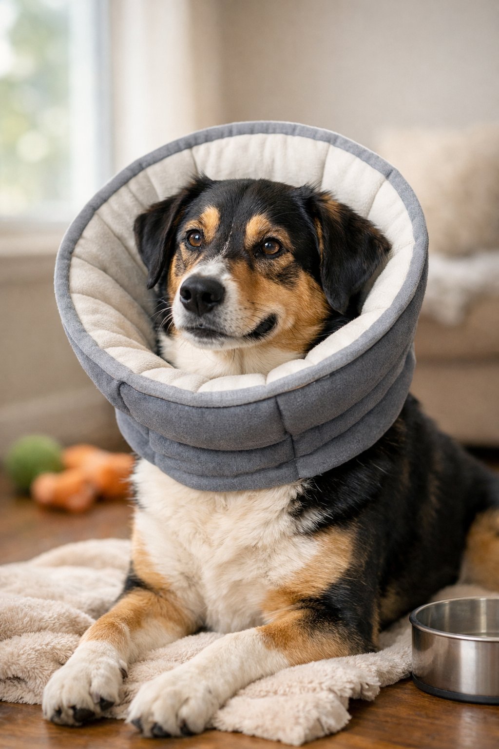 A calm dog wearing a soft homemade protective cone sitting comfortably indoors surrounded by pet items.