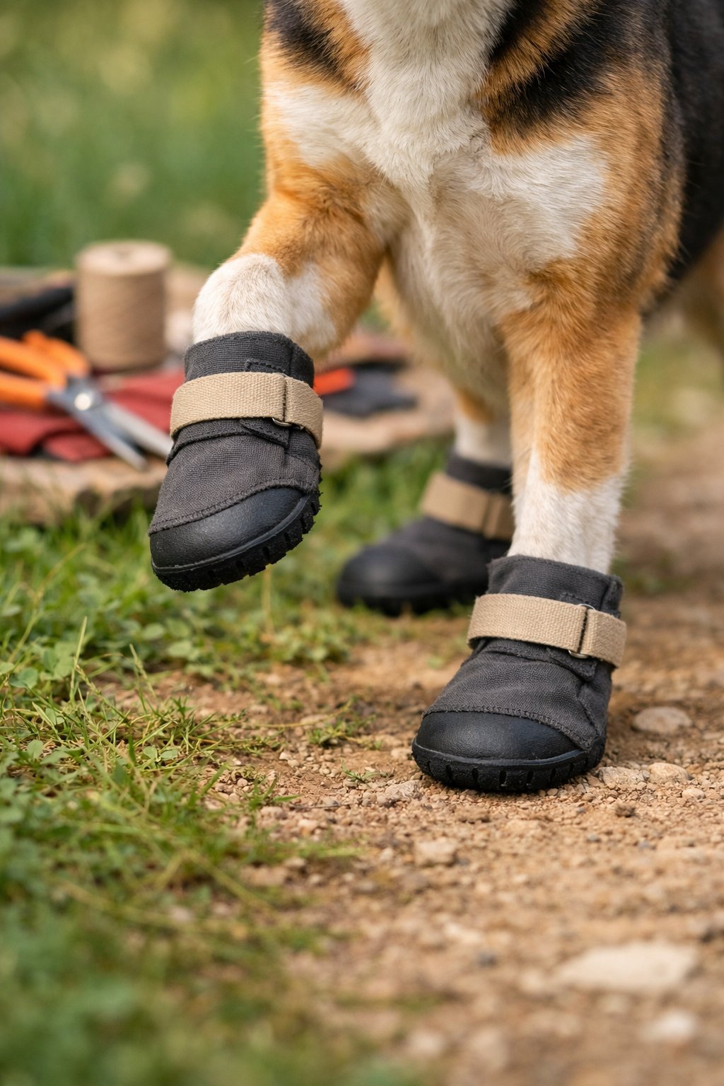 A dog standing outdoors on grass wearing homemade protective boots on its paws.