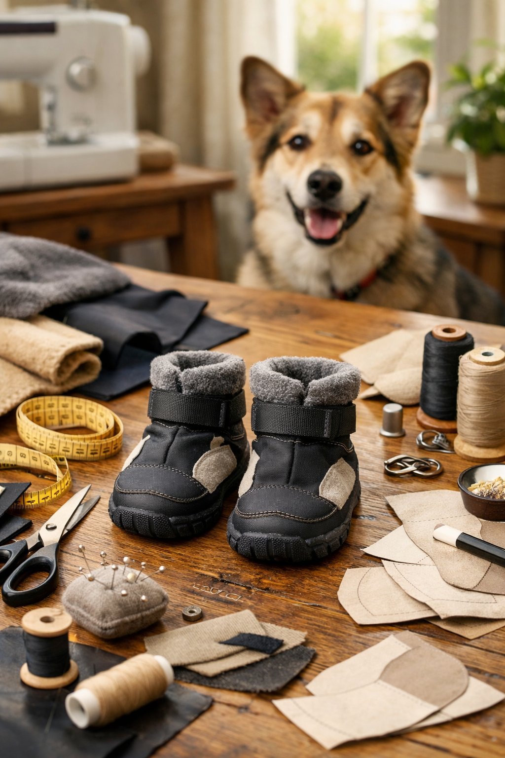 A crafting workspace with materials and tools for making dog boots, with a dog watching nearby.