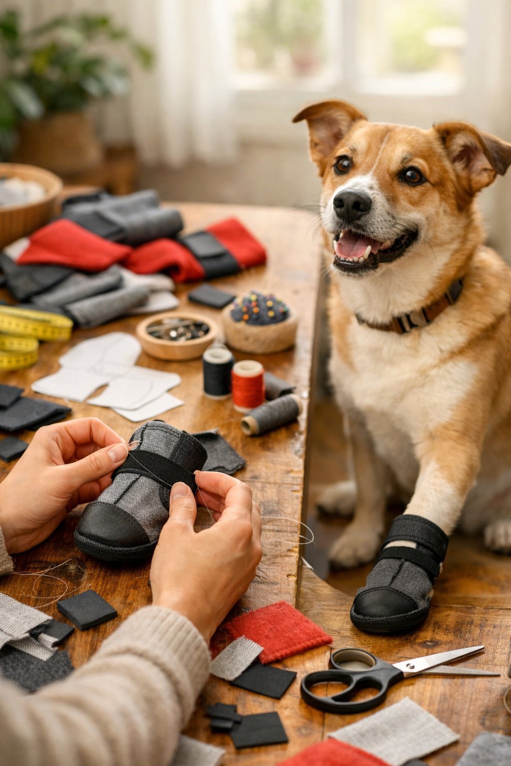 A person crafting DIY dog boots at a wooden table with sewing materials while a dog wears one handmade boot on its paw.