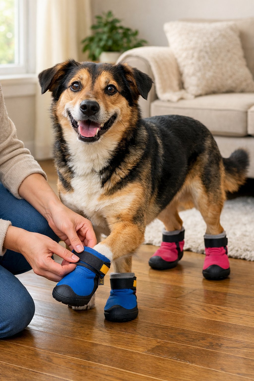 A dog wearing colorful boots on its paws while a person adjusts one of the boots indoors.