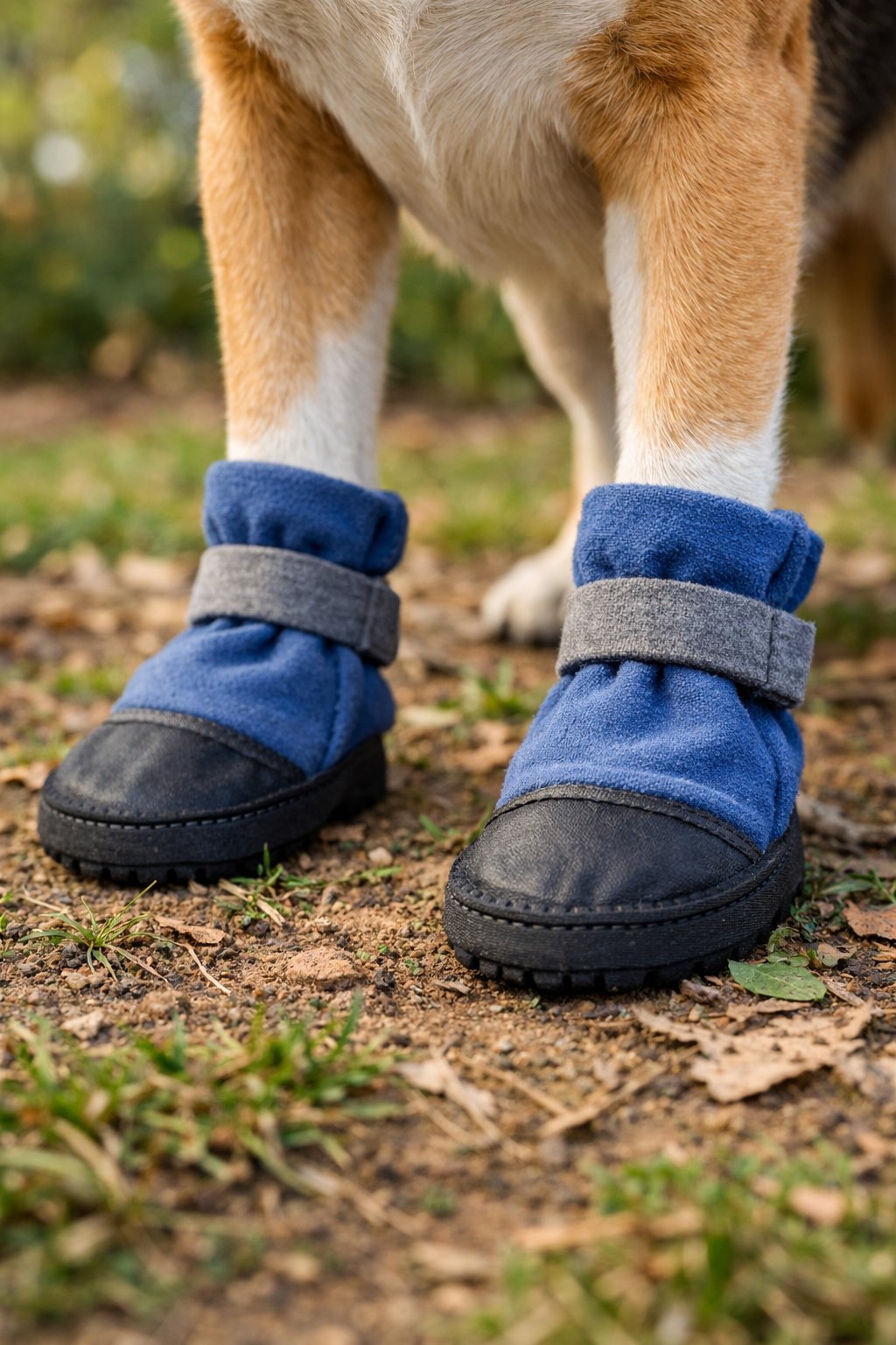 A dog standing outdoors wearing homemade protective boots on its paws.