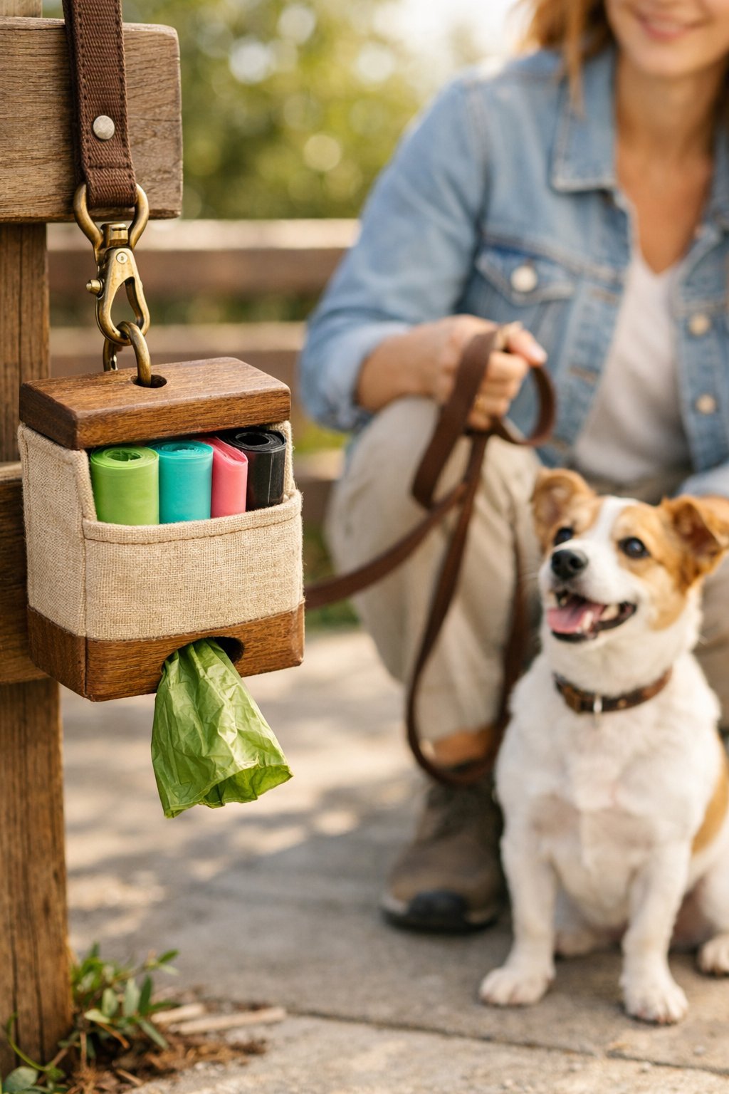 A dog owner holding a leash with a small dog sitting beside them, next to a handmade dog poop bag holder filled with colorful bags attached to a hook outdoors.