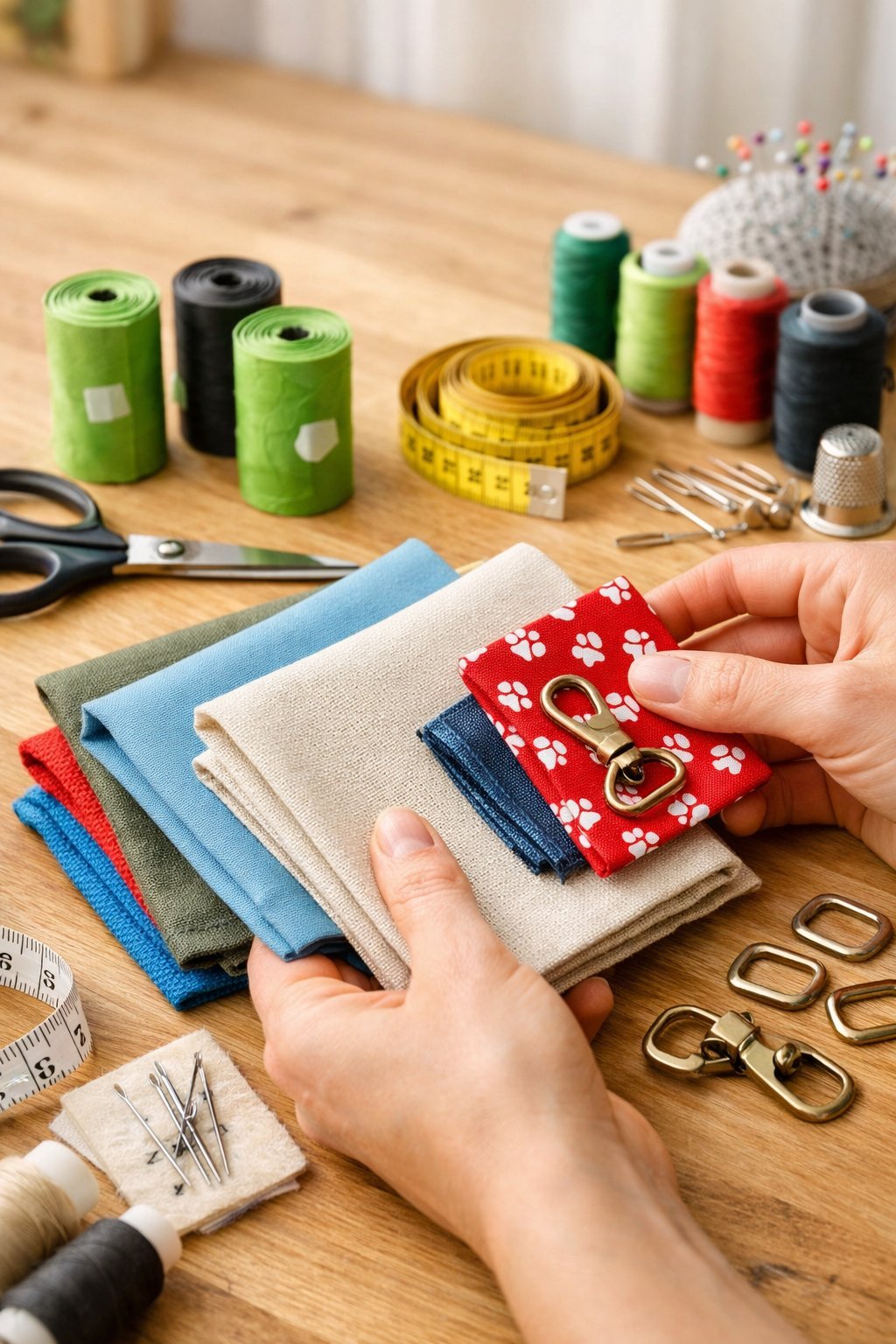Hands selecting materials for making a dog poop bag holder on a wooden table with crafting tools nearby.