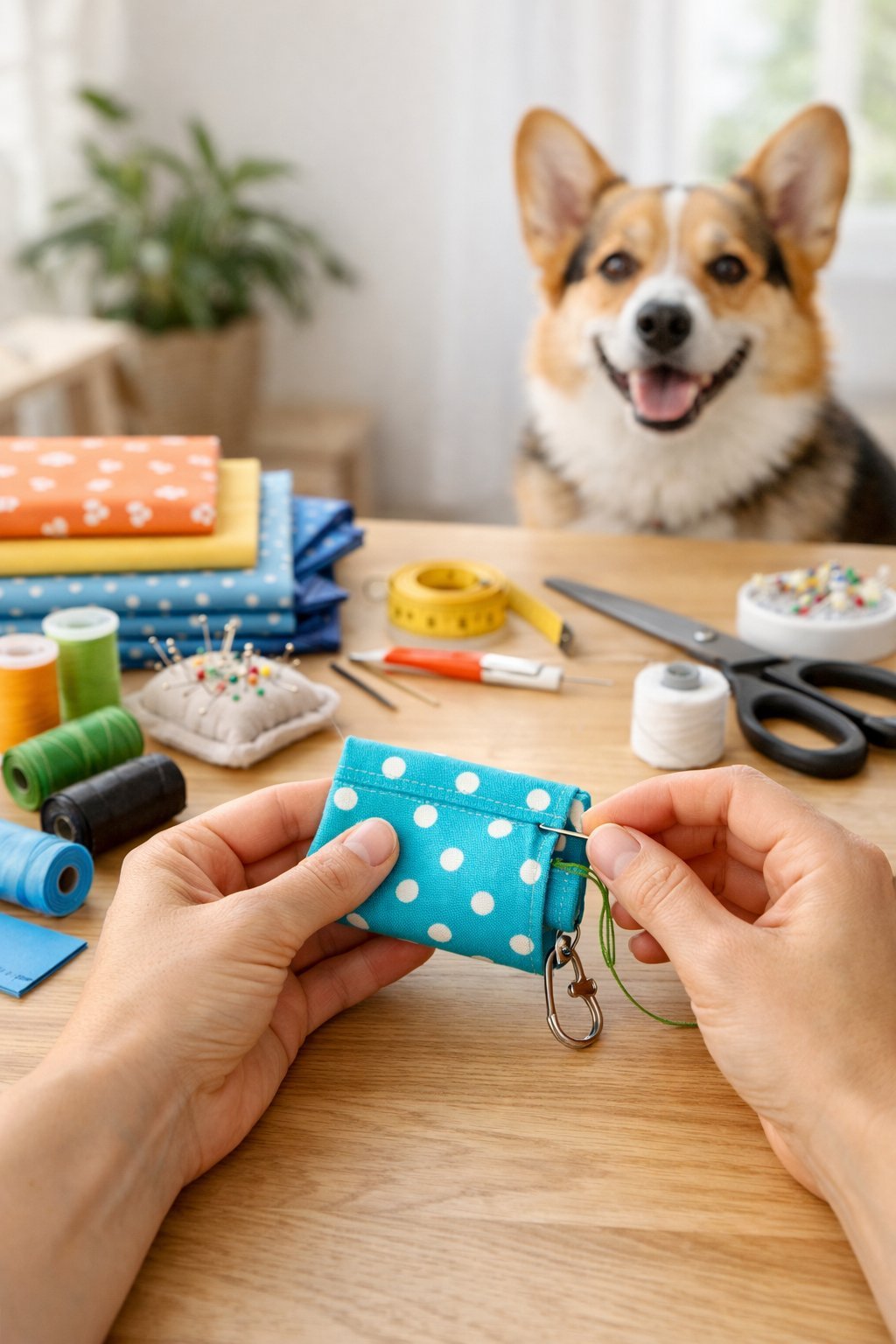 Hands crafting a dog poop bag holder on a workspace with sewing materials and a dog sitting nearby.