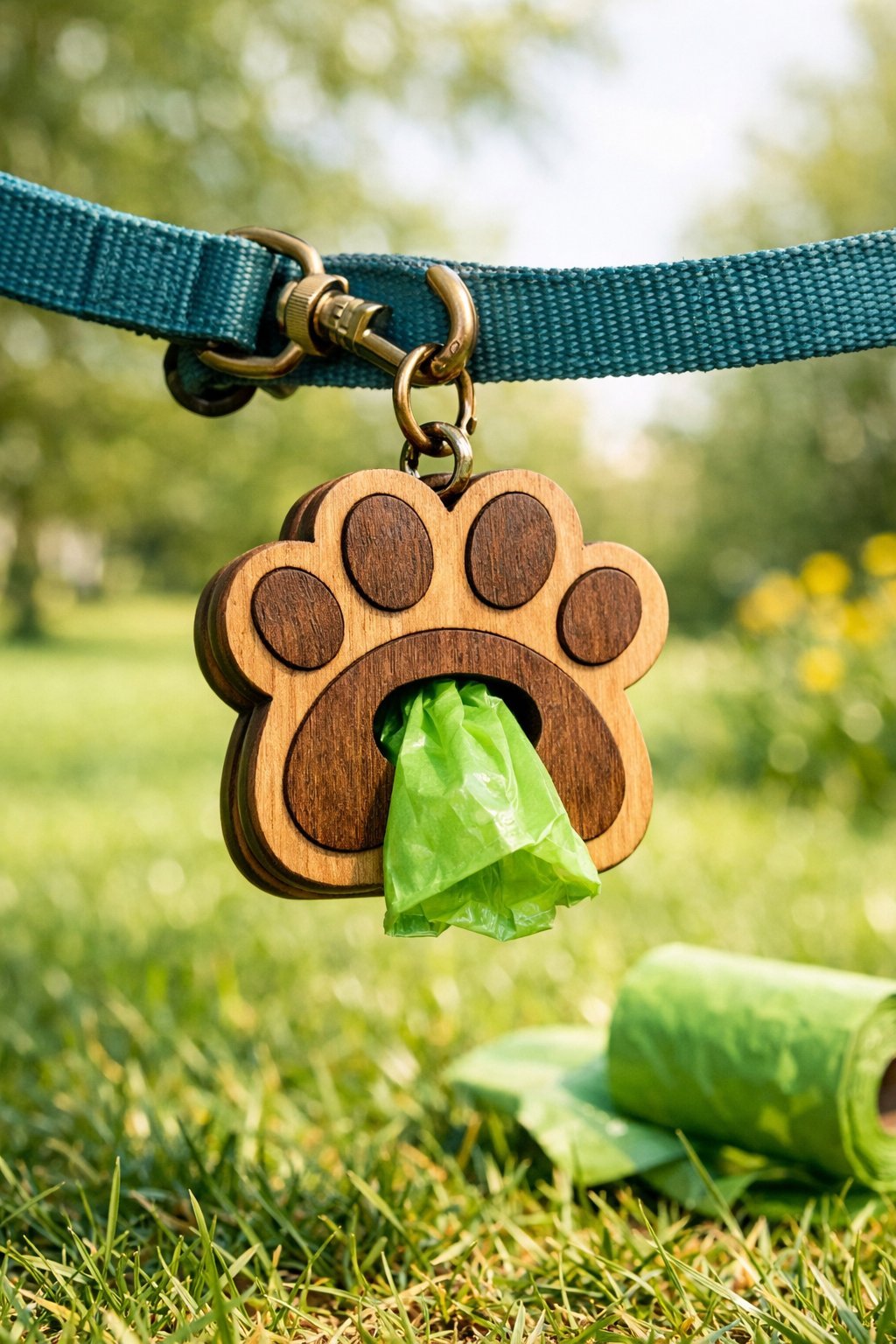 A dog poop bag holder attached to a leash outdoors with colorful bags inside, set in a green park.