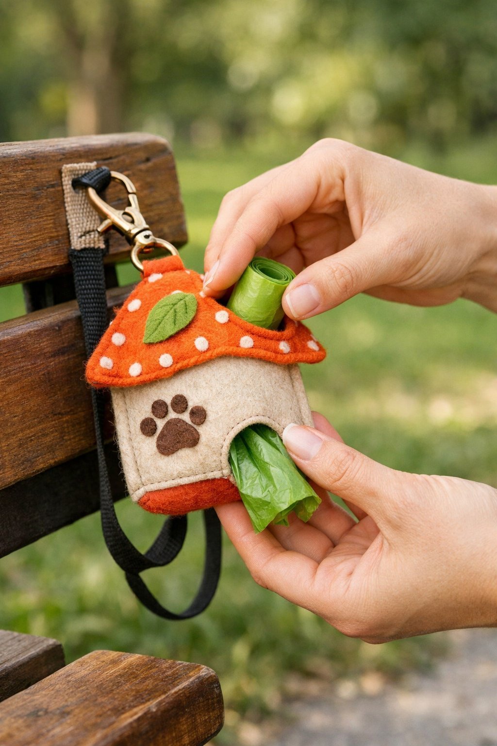 Hands caring for a small dog poop bag holder attached outdoors in a park setting.