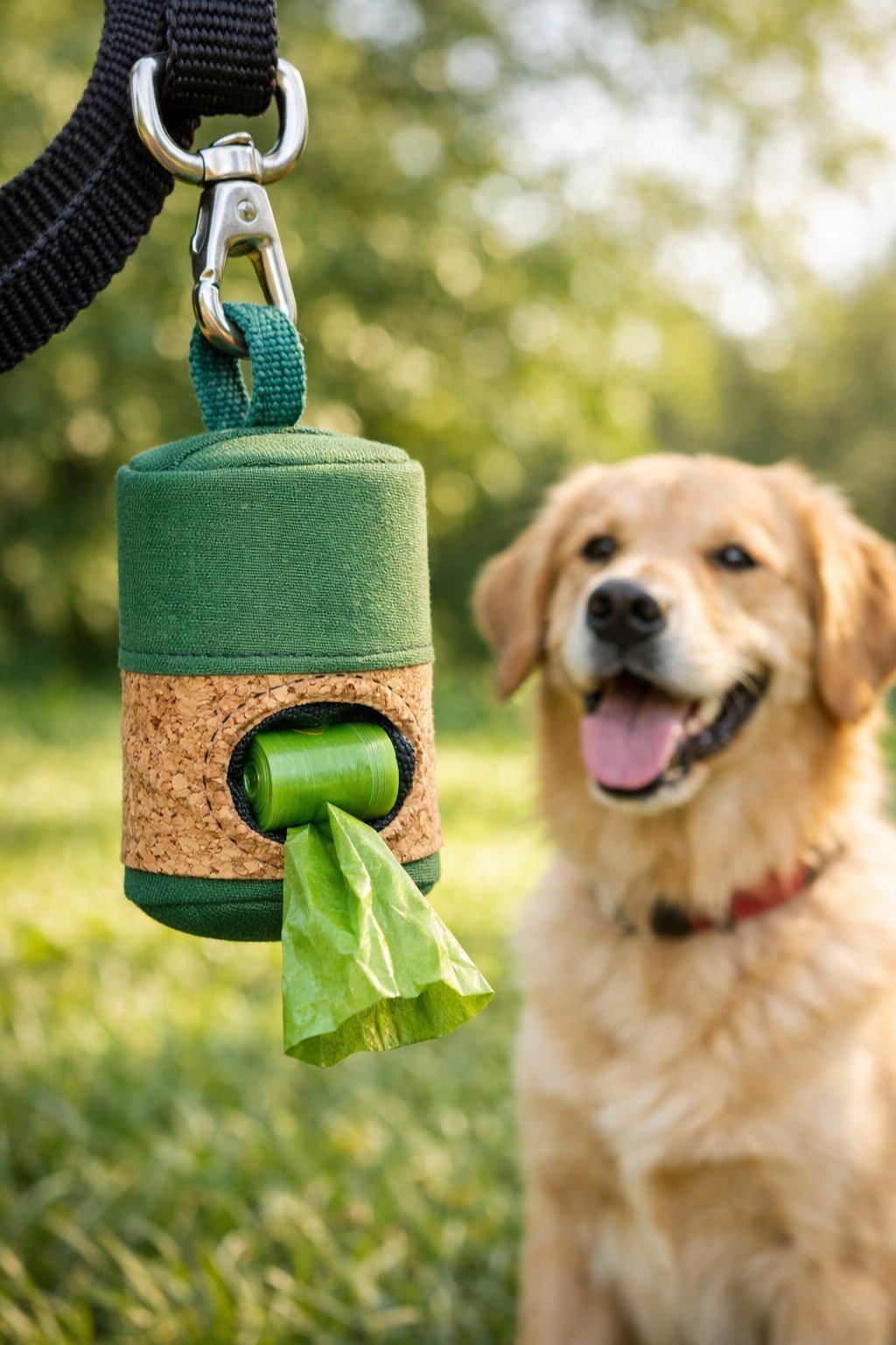 A dog leash with a handmade dog poop bag holder attached, next to a happy dog in a green outdoor setting.