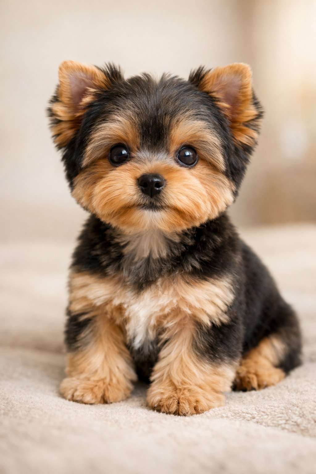 A Yorkshire Terrier puppy with a neat puppy cut sitting and looking at the camera.