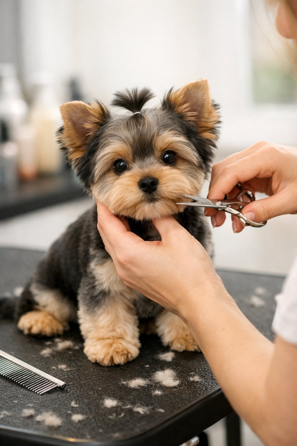 A Yorkshire Terrier puppy being gently groomed on a table by a person trimming its fur.