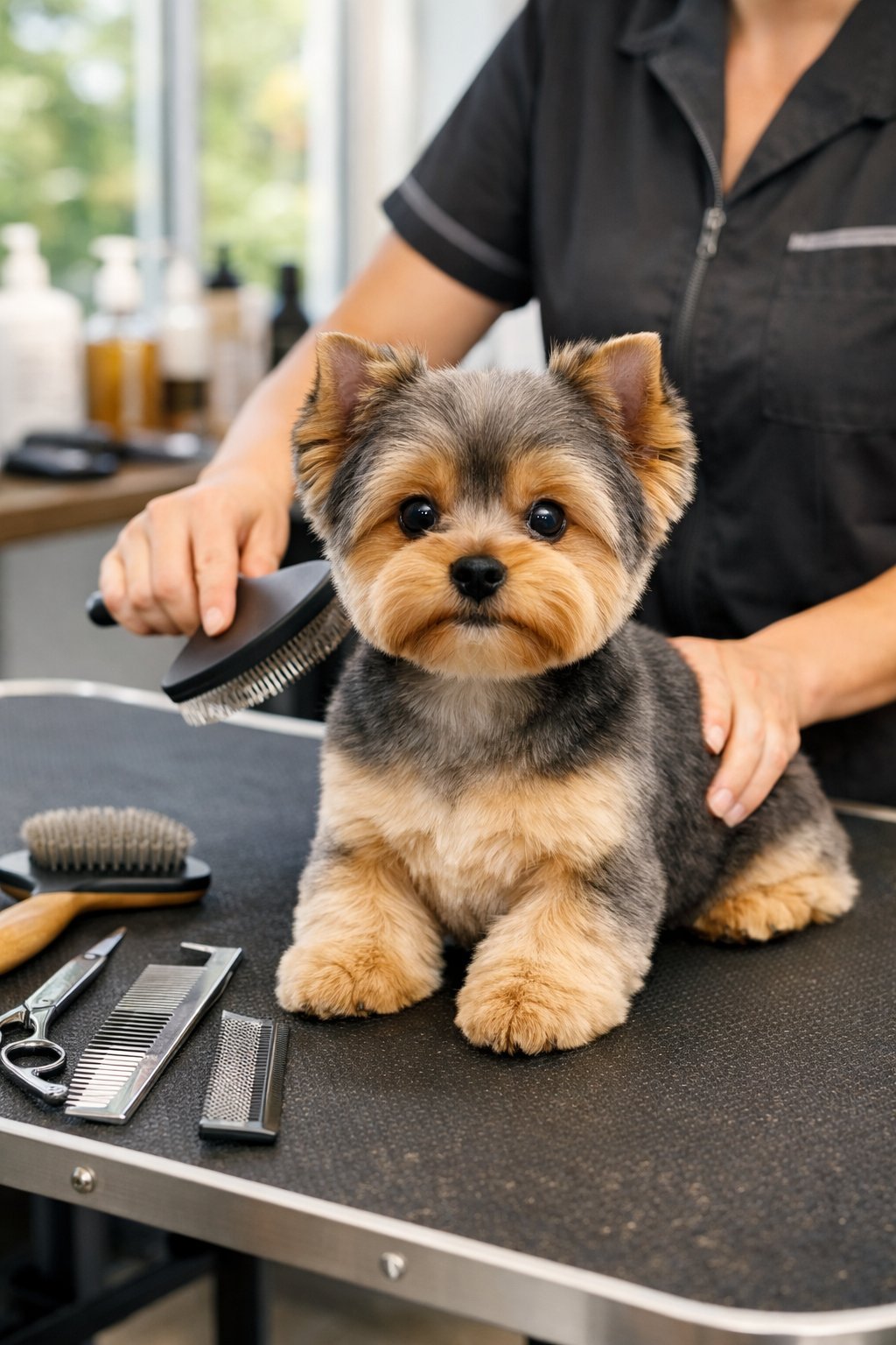 A Yorkshire Terrier puppy with a fresh haircut sitting on a grooming table while a groomer brushes its fur in a bright pet grooming salon.