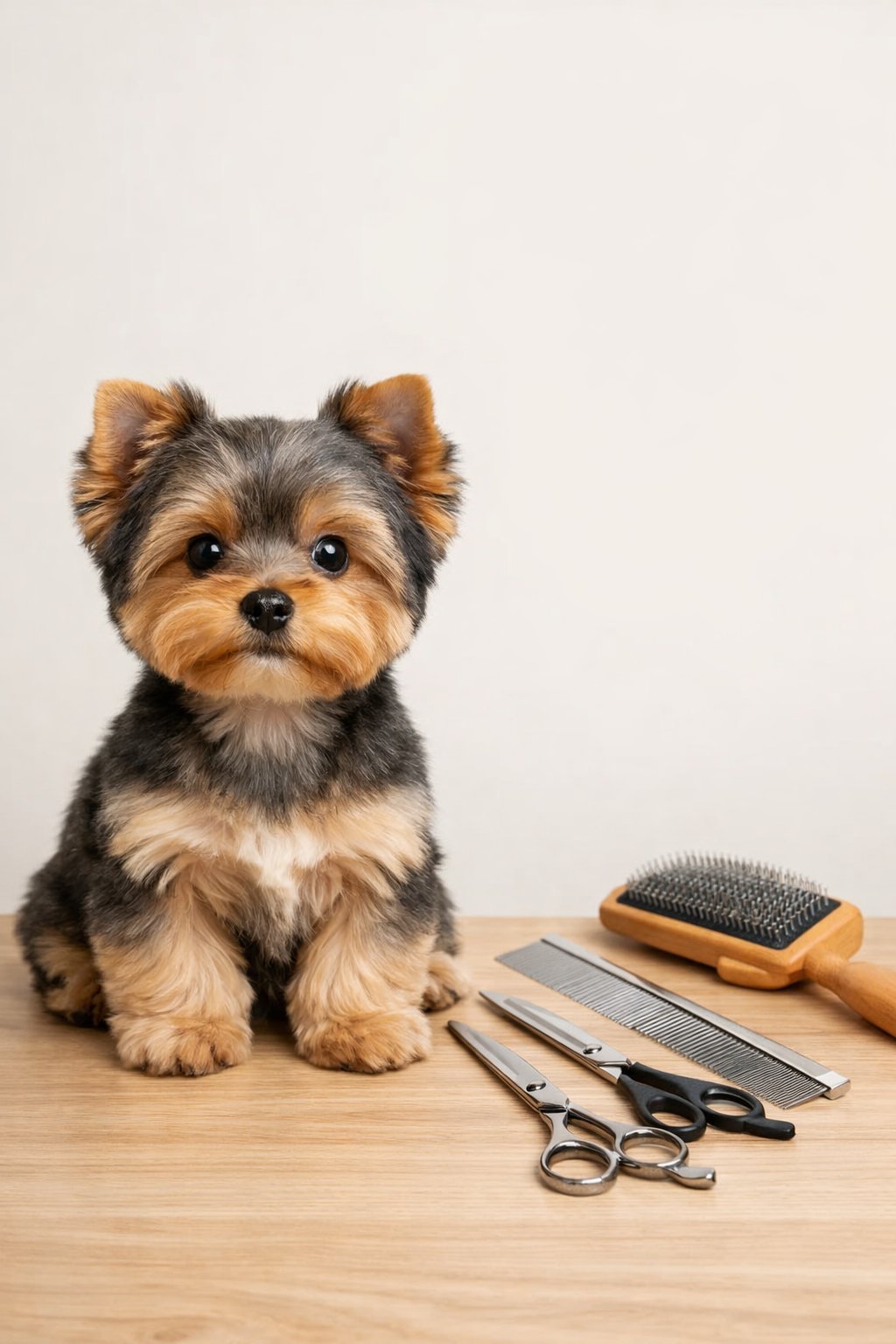 A Yorkshire Terrier puppy with a clean puppy cut sitting calmly next to grooming tools on a wooden surface.