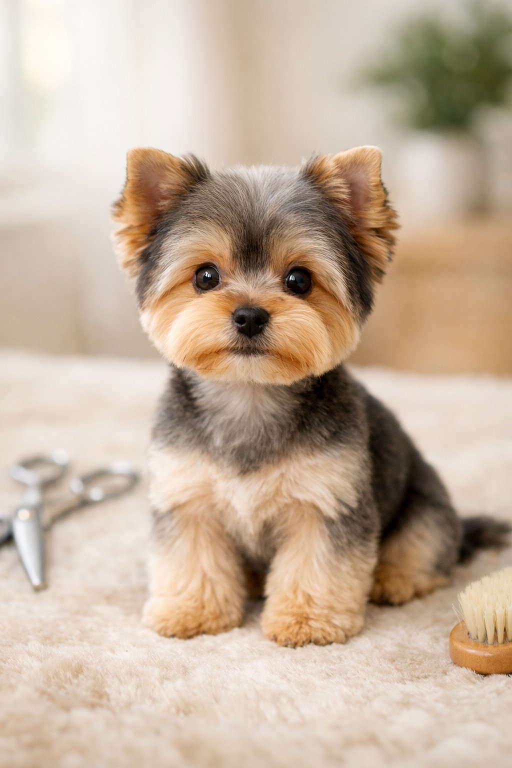 A Yorkshire Terrier puppy with a fresh puppy cut sitting indoors on a soft surface.