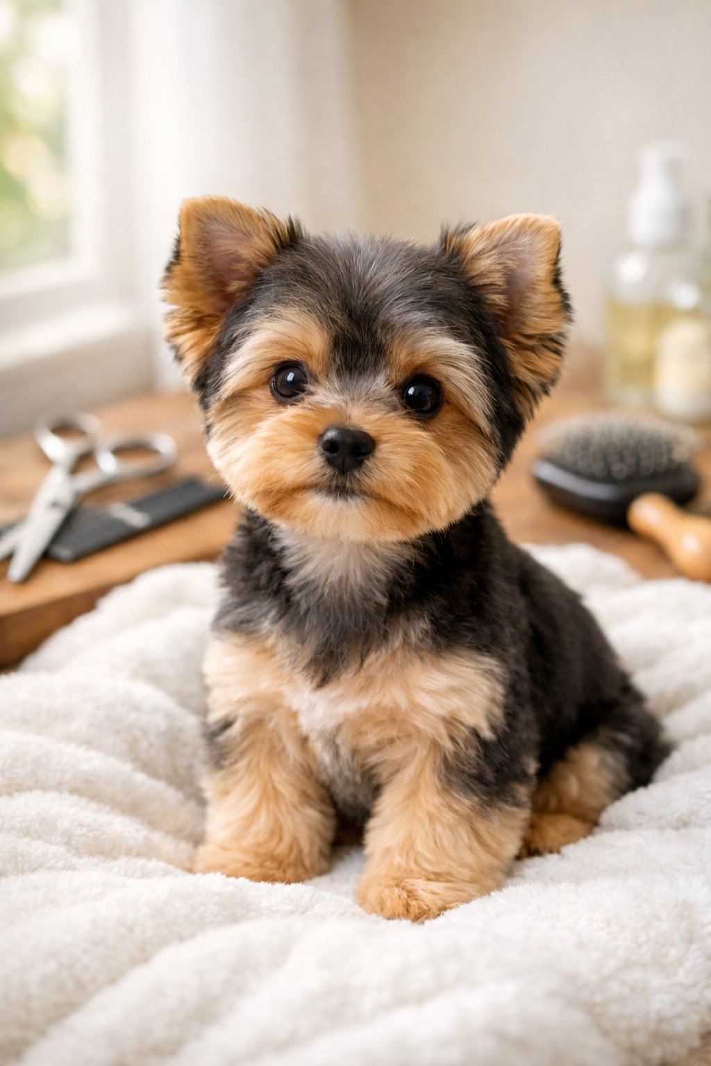 A Yorkshire Terrier puppy with a fresh puppy cut sitting on a soft blanket indoors with grooming tools nearby.