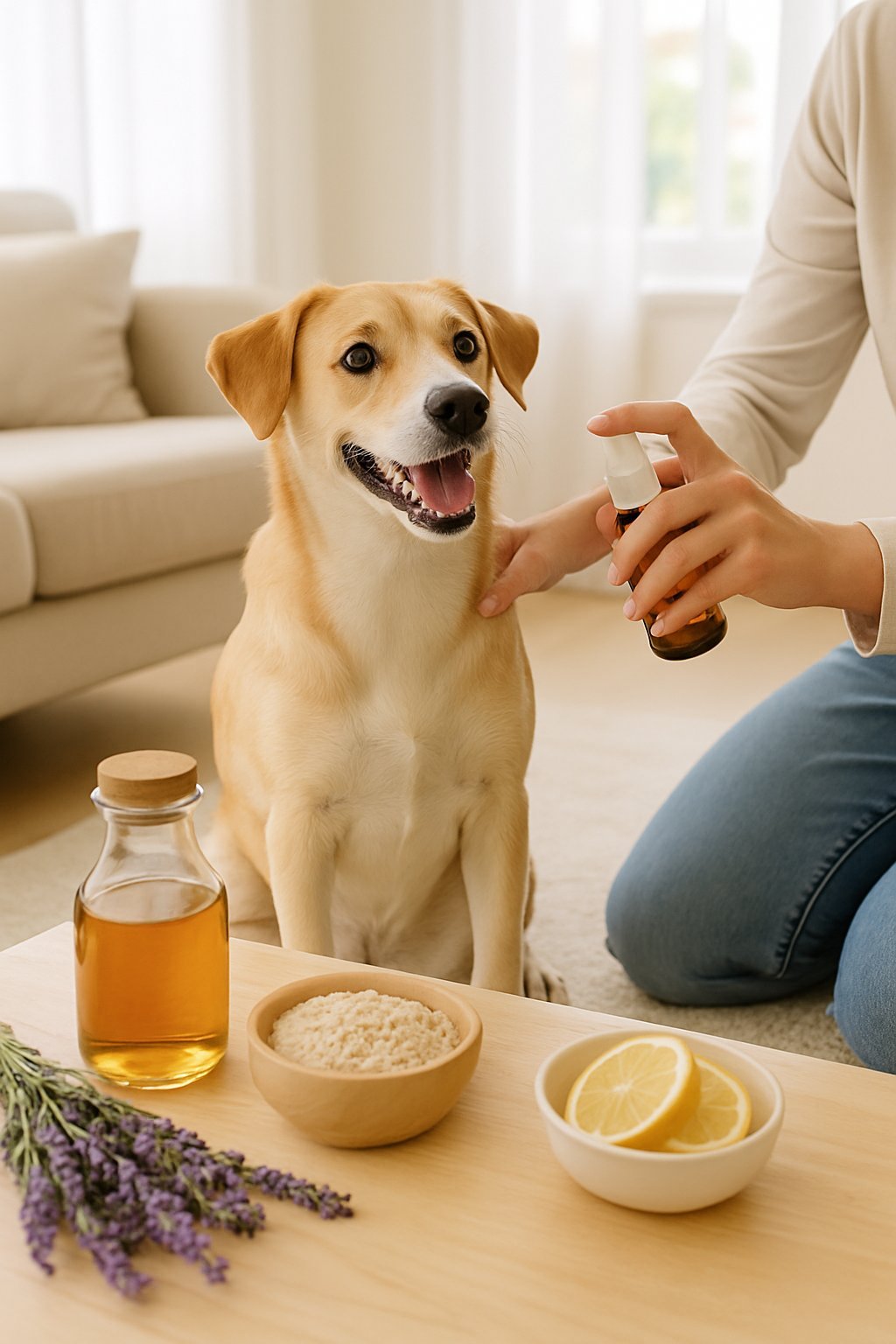 A person gently applying a Fleas Remedies For Dogs to a calm dog in a bright home with natural ingredients on a nearby table.