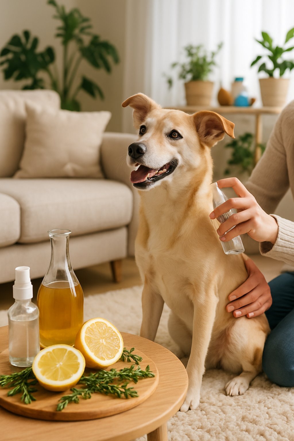 A dog sitting calmly on a carpet while a person applies a natural flea treatment in a bright living room with natural ingredients on a table nearby.