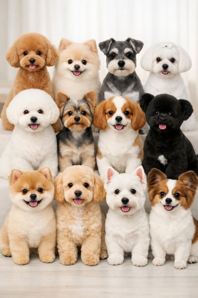 A group of 15 puppies with different haircuts sitting and standing together in a bright studio setting.