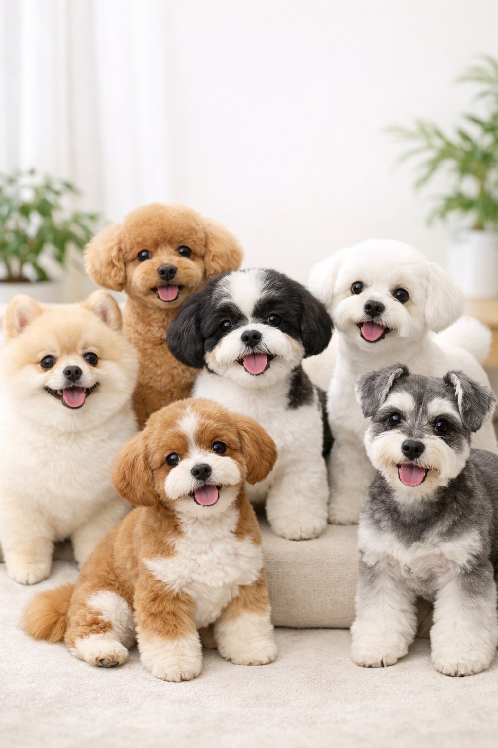 Several small to medium dogs with fluffy trimmed fur sitting and standing against a neutral background, looking happy and youthful.