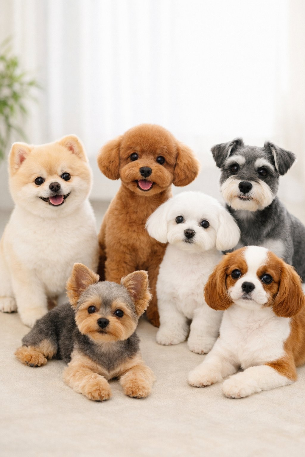 Several well-groomed dogs of different breeds sitting and standing against a plain background.